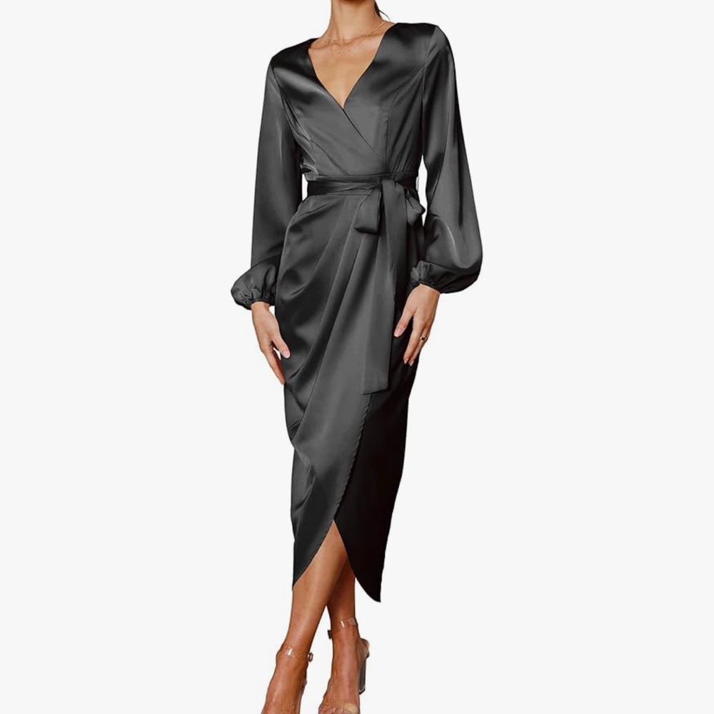 Women's Long Sleeve V-Neck Tie Waist Split Formal Cocktail Dress Medium